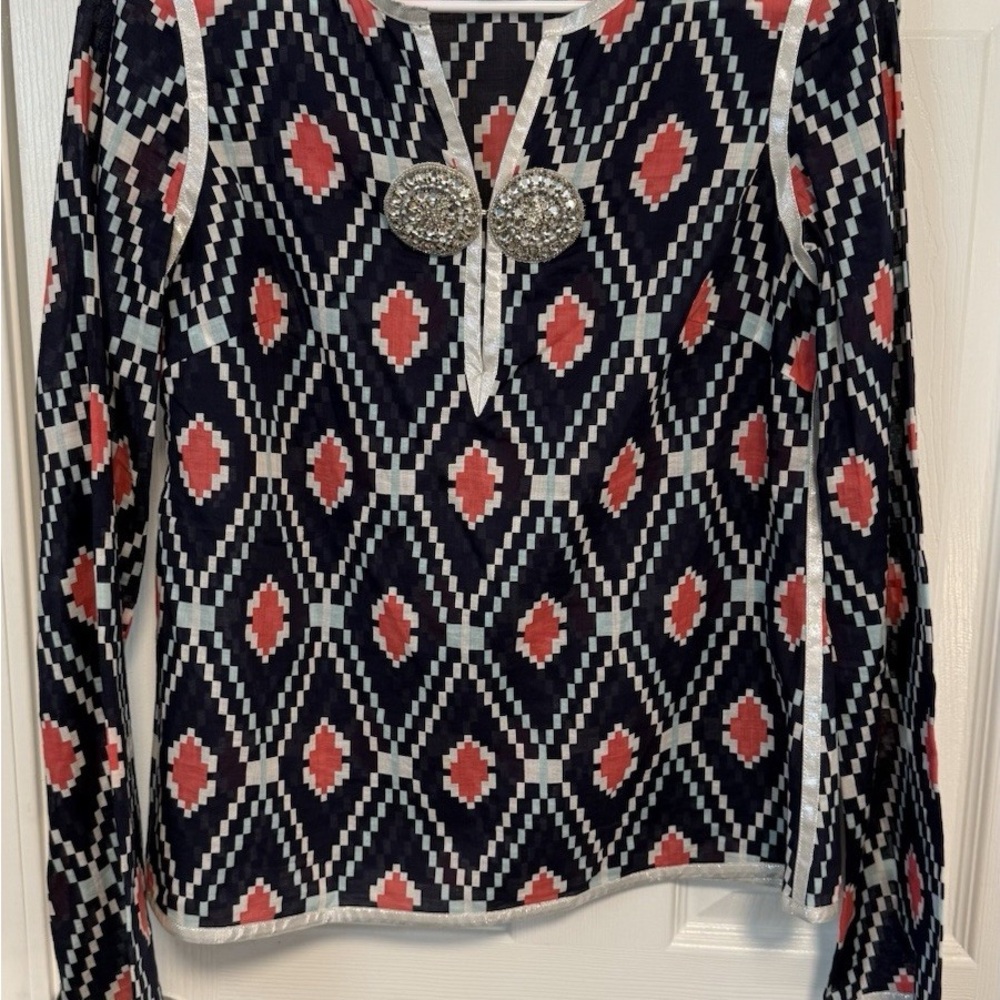 Tory Burch Navy and Pink Geometric Blouse Size 2
